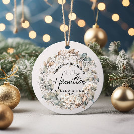 Ornamento De Cerâmica Primeiro Natal Casado com Folha Floral