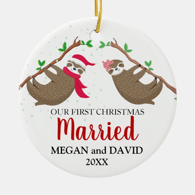 Ornamento De Cerâmica Primeiro Natal casado com Funny Sloths (Frente)