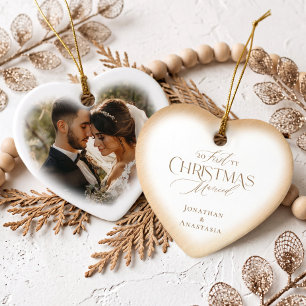 Ornamento De Cerâmica Primeiro Natal Casado Coração Foto com Letra Elega