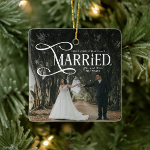 Ornamento De Cerâmica Primeiro Natal Casado Foto de Casais Sr e Sra