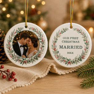 Ornamento De Cerâmica Primeiro Natal Casado Foto Personalizada