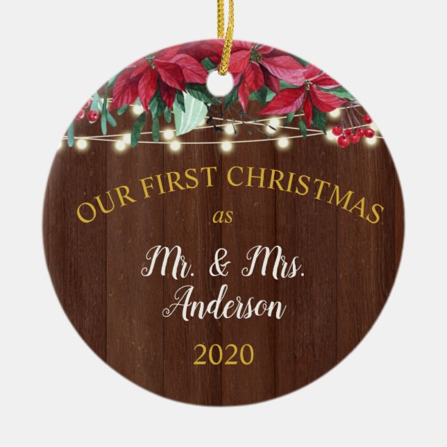 Ornamento De Cerâmica Primeiro Natal Casado Luzes Russas de Poinsettia (Frente)