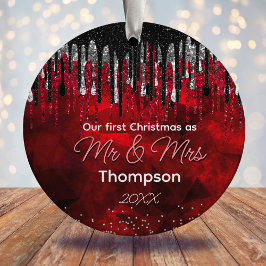 Ornamento De Cerâmica Primeiro Natal, casado, pingos de brilho vermelho 