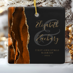 Ornamento De Cerâmica Primeiro Natal Casados Burnt Orange Ágata Dourado