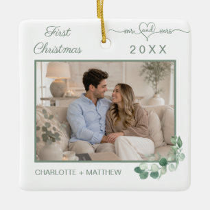 Ornamento De Cerâmica Primeiro Natal casados foto folhagens Sr Sra