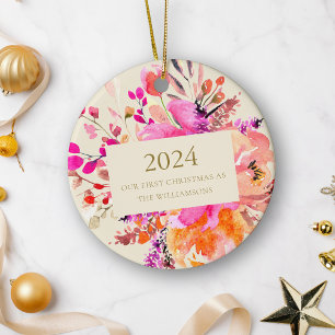 Ornamento De Cerâmica Primeiro Natal Casados Personalizado Floral Rosa