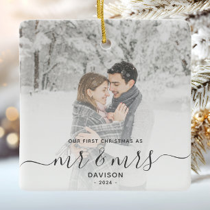 Ornamento De Cerâmica Primeiro Natal Casados Personalizado Foto Cinza Sc