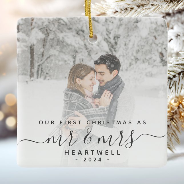 Ornamento De Cerâmica Primeiro Natal Casados Personalizado Foto Cinza Sc (Criador carregado)