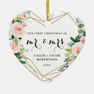 Ornamento De Cerâmica Primeiro Natal com Blush Geométrico