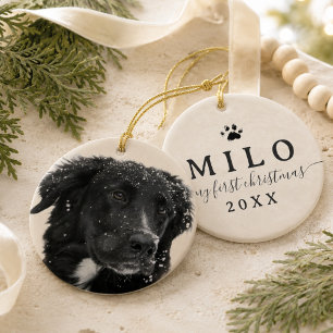 Ornamento De Cerâmica Primeiro Natal com Foto de Pet Moderno