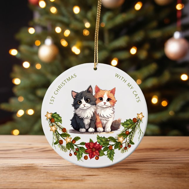 Ornamento De Cerâmica Primeiro Natal com minha Cats Floral (my first christmas with my cats)