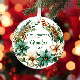 Ornamento De Cerâmica Primeiro Natal como Avô com Poinsettias Brancas e 