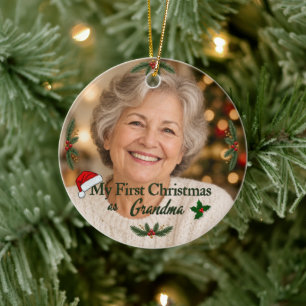 Ornamento De Cerâmica Primeiro Natal como Avó Presente de Foto de Bebê
