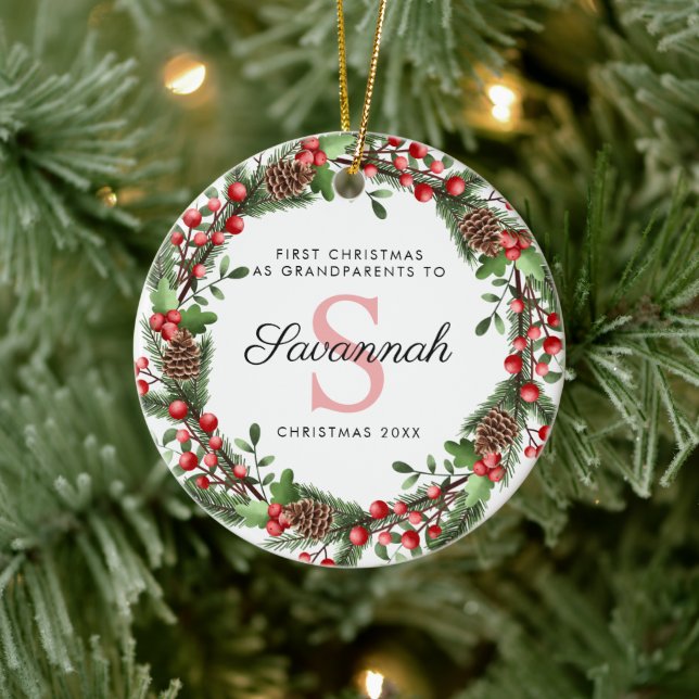 Ornamento De Cerâmica Primeiro Natal Como Avós Floral Wreath (Árvore)