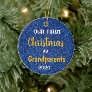 Ornamento De Cerâmica Primeiro Natal como Avós - Foto Azul com Glitter