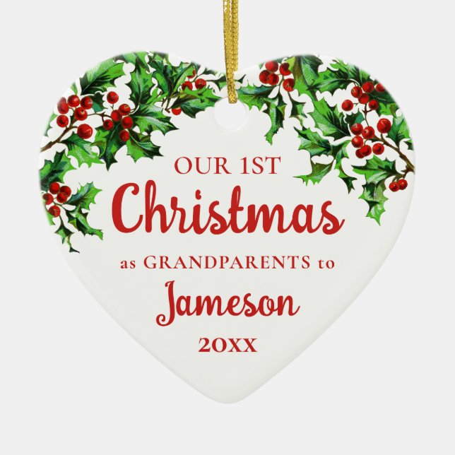 Ornamento De Cerâmica Primeiro Natal como Avós Holly Heart (Frente)