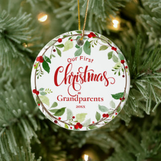 Ornamento De Cerâmica Primeiro Natal como Avós Red Holly