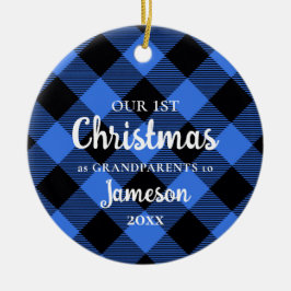 Ornamento De Cerâmica Primeiro Natal como Avós - Xadrez Azul