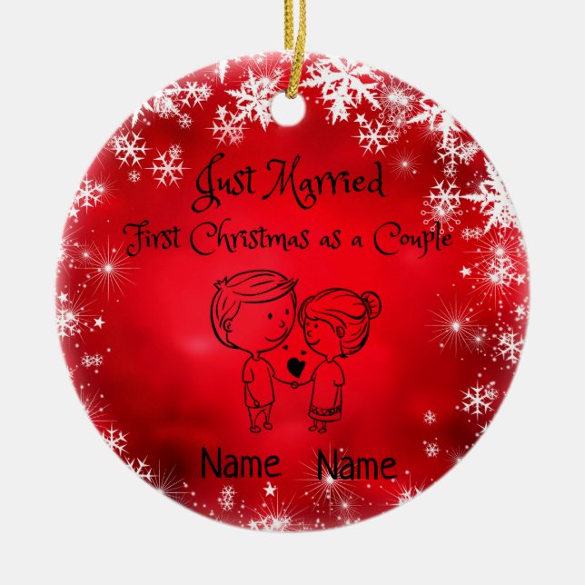 Ornamento De Cerâmica Primeiro Natal Como Casal - Recem casados (Frente)
