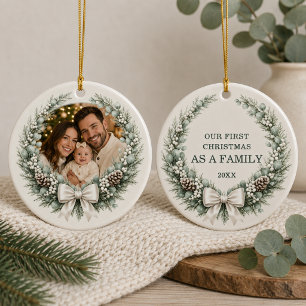 Ornamento De Cerâmica Primeiro Natal como Coroa de Fotos com Laço