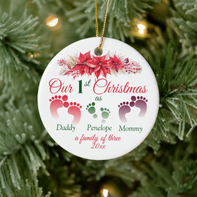 Ornamento De Cerâmica Primeiro Natal Como Família De 3 Poinsettia (Árvore)