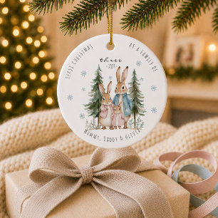 Ornamento De Cerâmica Primeiro Natal como Família de Três Coelho