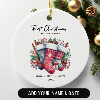 Ornamento De Cerâmica Primeiro Natal como Família de Três Inventários