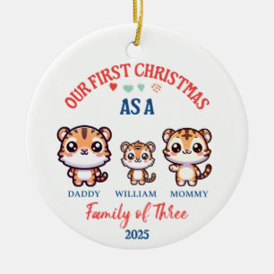 Ornamento De Cerâmica Primeiro Natal Como Família de Três Tigres Bonitos