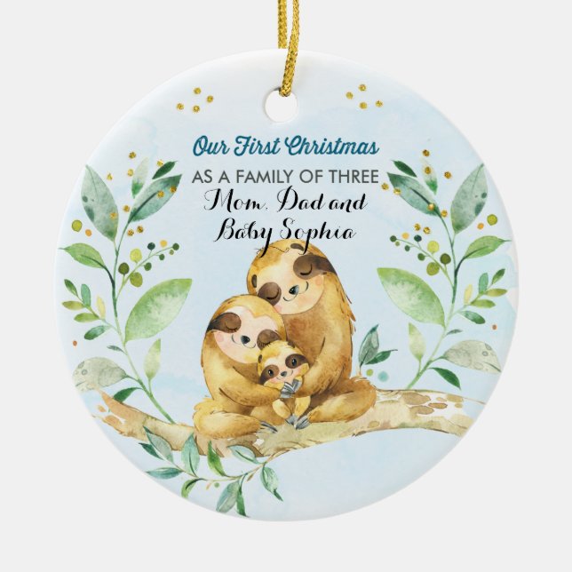 Ornamento De Cerâmica Primeiro Natal como Família dos Três (Frente)