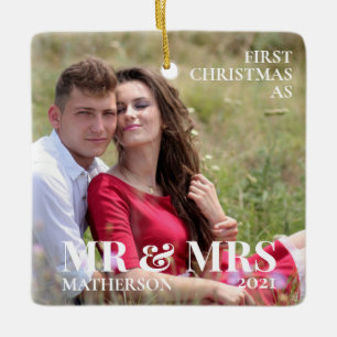 Ornamento De Cerâmica Primeiro Natal como Foto do Sr. e Sra. Minimalista