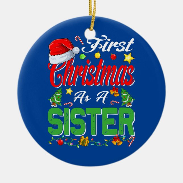 Ornamento De Cerâmica Primeiro Natal Como Irmã Santa Hat Pajama Xmas (Frente)