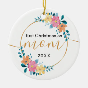 Ornamento De Cerâmica Primeiro Natal como Mãe Coroa de Flores e Dourada
