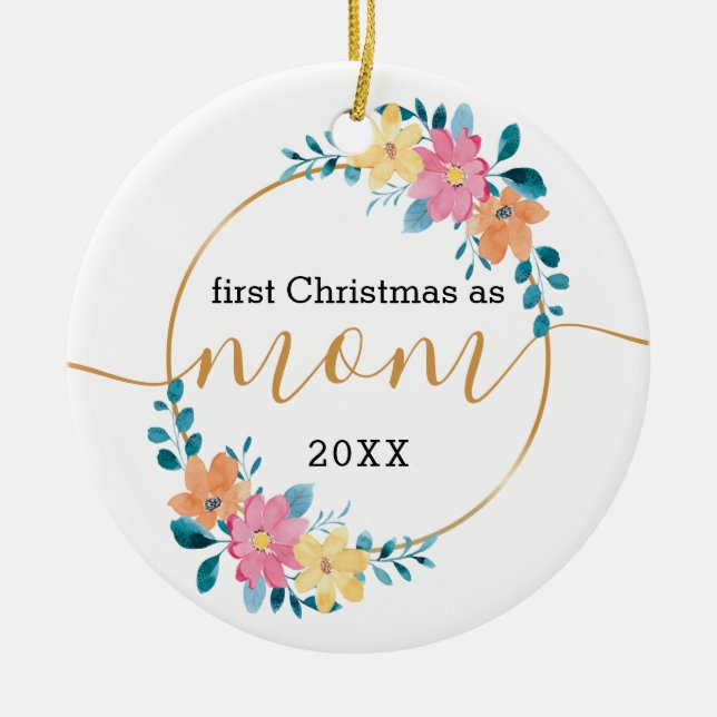 Ornamento De Cerâmica Primeiro Natal como mãe Floral e Dourada Wreath (Frente)