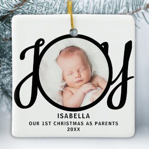 Ornamento De Cerâmica Primeiro Natal como Pais Foto Script Alegria