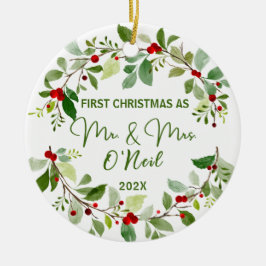 Ornamento De Cerâmica Primeiro Natal como Sr. e Sra.