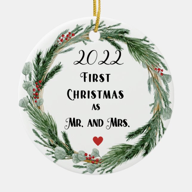 Ornamento De Cerâmica Primeiro Natal como Sr. e Sra. (Frente)