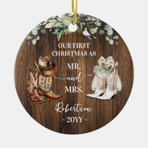 Ornamento De Cerâmica Primeiro Natal como Sr e Sra Cowboy Cowgirl Ociden