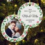 Ornamento De Cerâmica Primeiro Natal Como Sr. E Sra. Photo<br><div class="desc">Este Primeiro Natal, como o Sr. e Sra. Ornament é decorado com coloração d'água sagrada e com lodo. Facilmente personalizável com sua foto e seu nome. Para editar ainda mais, use a Ferramenta Design para alterar a fonte, o tamanho da fonte ou a cor. Porque nós criamos a nossa trabalho...</div>