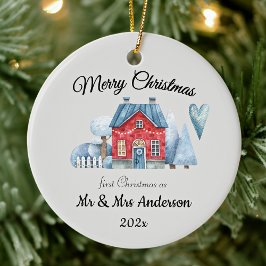 Ornamento De Cerâmica Primeiro Natal como Sr. e Sra. Recém-Casados Redon