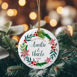 Ornamento De Cerâmica Primeiro Natal como tia e tio<br><div class="desc">Celebre a nova tia e tio com esta bela coroa floral aquática com flores e folhas de Natal verdes,  vermelhas e lacrimogêneas - basta personalizá-la com o ano ou clicar em "personalizar ainda mais" para adicionar mais texto,  mudar a cor de fundo ou adicionar uma foto.</div>