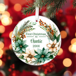 Ornamento De Cerâmica Primeiro Natal como Tia White Green Poinsettitis