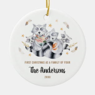 Ornamento De Cerâmica Primeiro Natal Como Uma Família De Quatro Raccoons