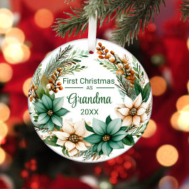 Ornamento De Cerâmica Primeiro Natal como vovó Poinsetos Verdes Brancos
