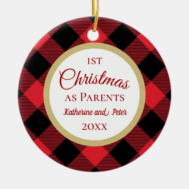 Ornamento De Cerâmica Primeiro Natal como Xadrez dos Pais Buffalo (Frente)