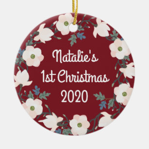 Ornamento De Cerâmica Primeiro Natal da Bebê Foto com Coroa Floral