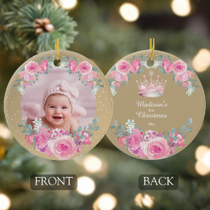 Ornamento De Cerâmica Primeiro Natal da Bebê Menina Floral Rosa