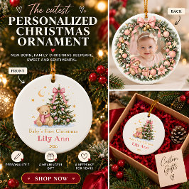 Ornamento De Cerâmica Primeiro Natal da Bebê Menina Foto Personalizada