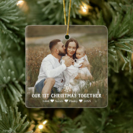 Ornamento De Cerâmica Primeiro Natal da família Juntos Foto de Flocos de