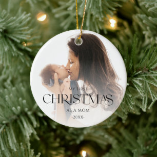Ornamento De Cerâmica Primeiro Natal da Mamãe e do Bebê Foto Dupla Elega