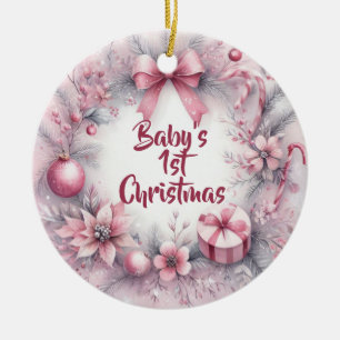 Ornamento De Cerâmica Primeiro Natal da Menina Azul Aquarela Coroa
